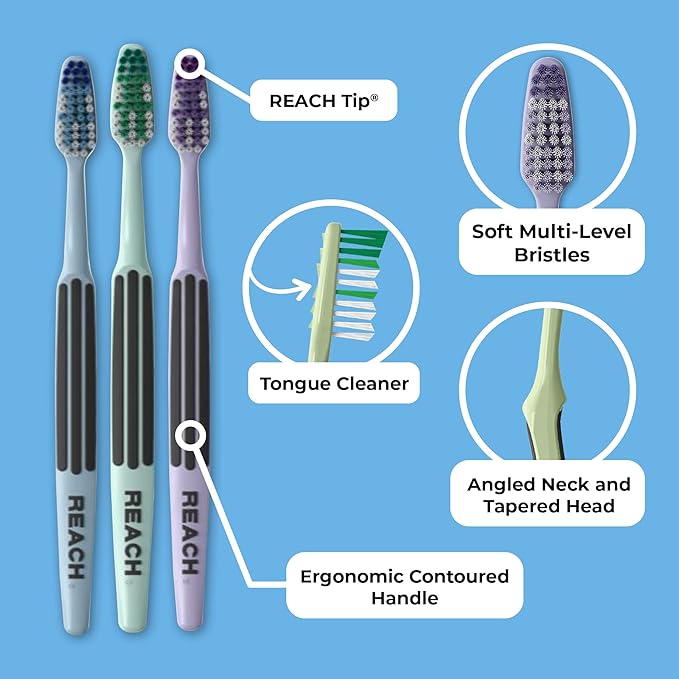 Reach Advanced Design Toothbrush with Toothbrush Cap, Angled Neck, Soft Bi-Level Bristles, Contoured Handle, Tongue Scraper, 6 Count