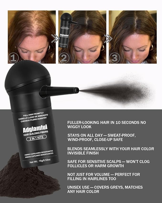 Hair Building Fibers for Thinning Hair, Root Touch Up Powder with Spray Applicator, Instant Volume & Hair Thickening for Men & Women, Sweatproof, Windproof, Matte Finish – 15g Dark Brown, No Residue