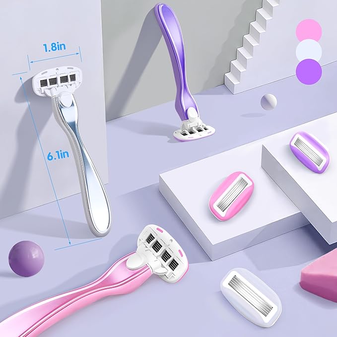 Razors for Women Include 1 Non-Slip Metal Handle and 7 Blade Refills, 5 Premium Blades Women's Razors for Shaving with 360° Lubrication Reduces Irritation, Silver