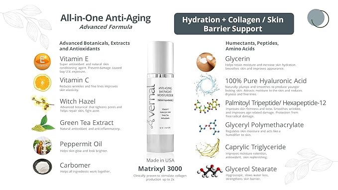 Vernal All-in-One Anti Aging Moisturizer – Infused Wrinkle Smoothing Cream | Get Smoother, Firmer Luminous Looking Skin Without Injections or Fillers | Best Anti Wrinkle Cream That Really Works