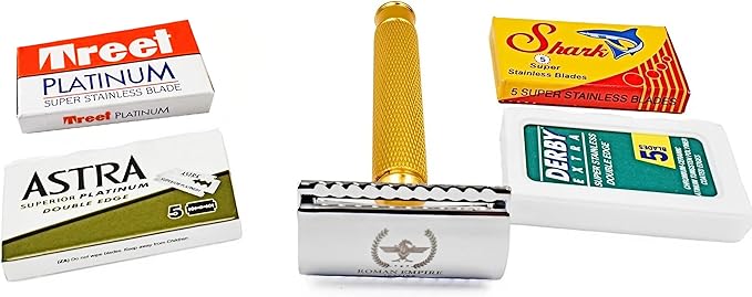 Caesar Gold Safety Razor by Roman Empire Shaving with Set of 20 Shaving Blades (Astra-Derby-Shark-Treet)