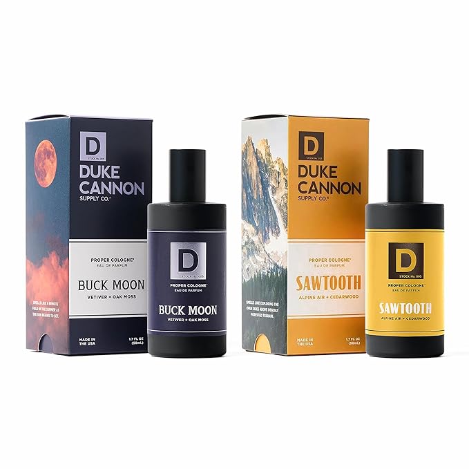 Duke Cannon Supply Co. Buck Moon & Sawtooth Men’s Cologne Duo Earthy Lime Vetiver and Fresh Alpine Cedarwood Long-Lasting Eau de Parfum Kit Rugged Outdoor Masculine Fragrances Set 1.7 Fl Oz.