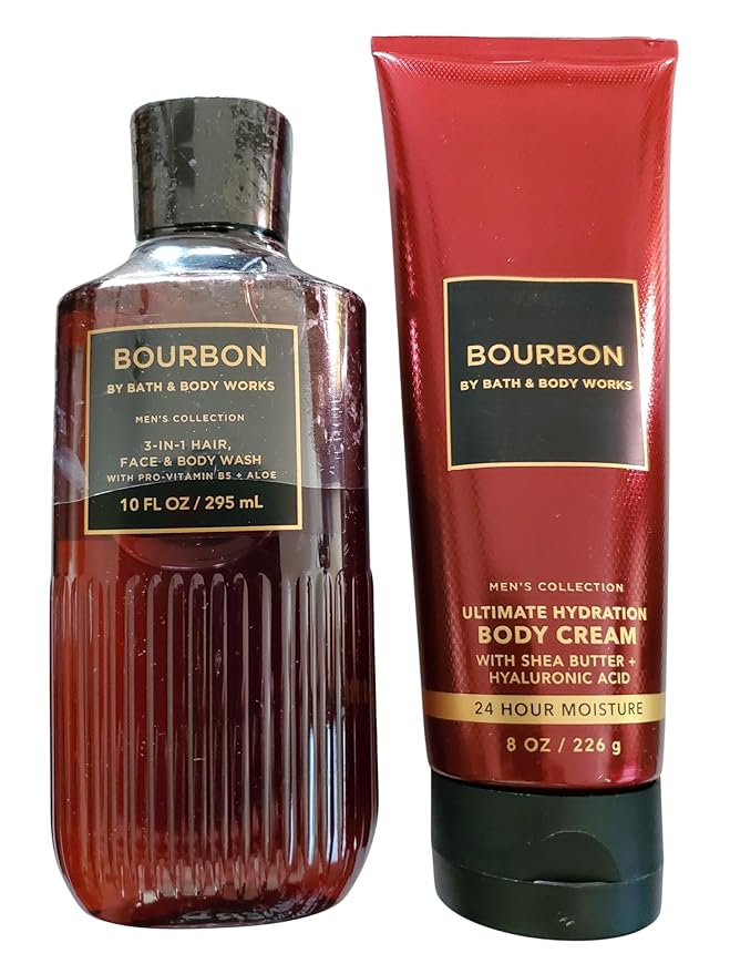 Bath & Body Works Men's Bourbon 3-in-1 Hair, Face & Body Wash Shower Gel and Body Cream 2 Piece Set