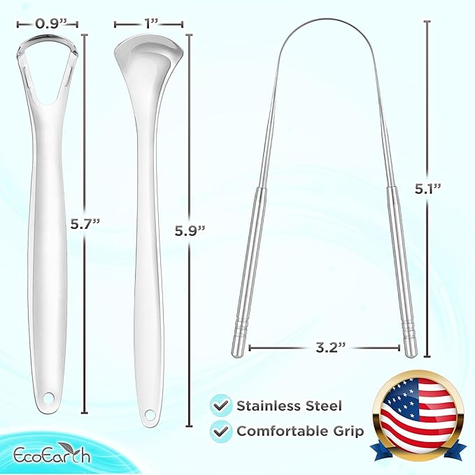 Tongue Scraper for Adults - 3 Pcs Metal Tongue Cleaner with Translucent Storage Case - Tough Stainless Steel Mouth Scrubber for Fresh Breath & Oral Hygiene - by EcoEarth