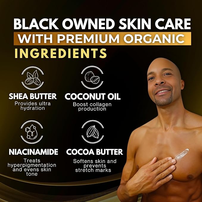 Shea Cocoa Body Butter - Organic - Nice Cocoa Smell - Not Too Greasy - Thick Cocoa Butter - Large 8 oz- Deep Moisturizing - Melanin Rich Skin - Black Owned Skincare - Mens Skincare