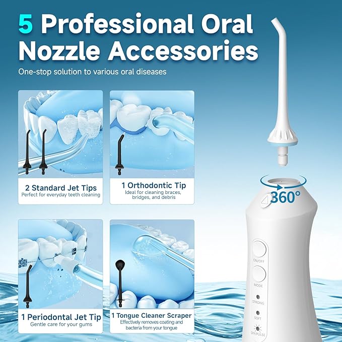 Water Dental Flosser Teeth Pick 300ML Portable Cordless Oral Irrigator for Teeth Cleaning with 4 Modes 5 Jet Tips 12 Pressure Settings USBCharger IPX7 Irrigation Cleaner for Home Travel White