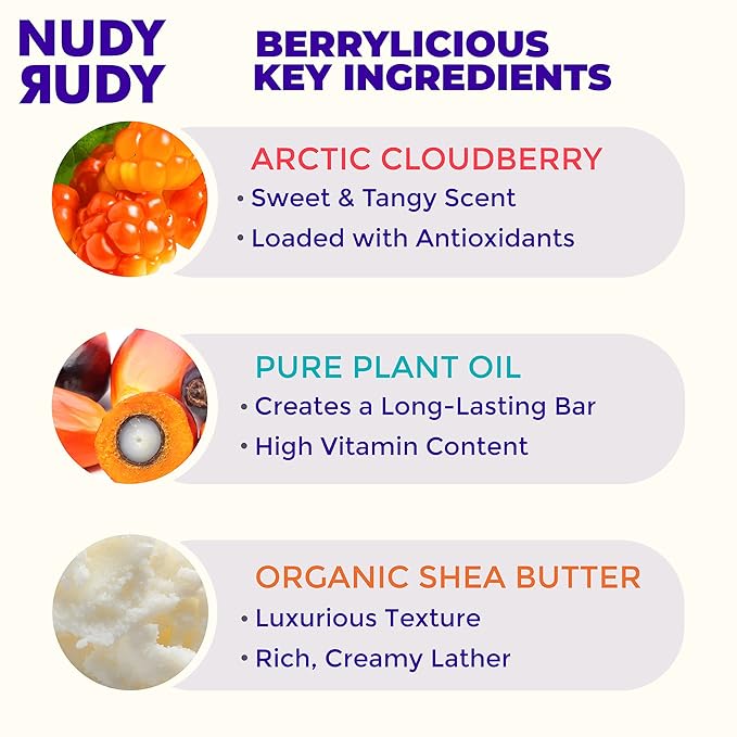 Nudy Rudy Berrylicious Soap Bar Puck, Made with Organic Shea Butter and Arctic Cloudberry, Triple Milled Bar, No Harsh Ingredients, All Skin Types, 4.2 oz, Made in Australia
