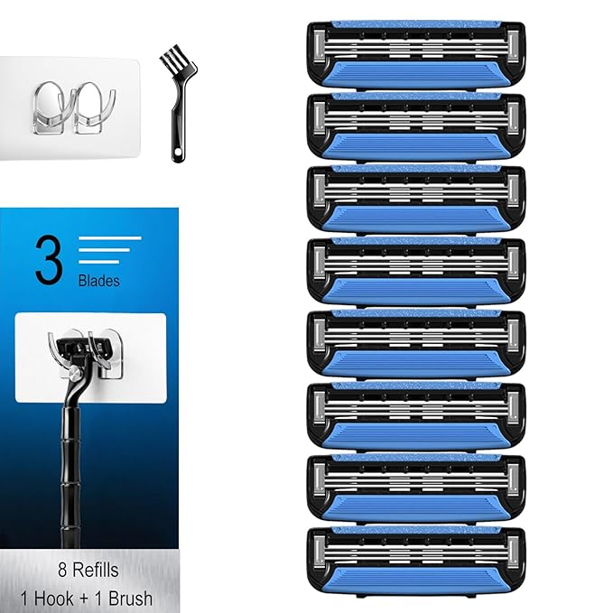Men's Razor Blade Refills, 8 Count, 3-Layer Ceramic Coated Blades with Lubricating Strip, Matching Handle, Wall Hook & Cleaning Brush Included for Smooth Shaving