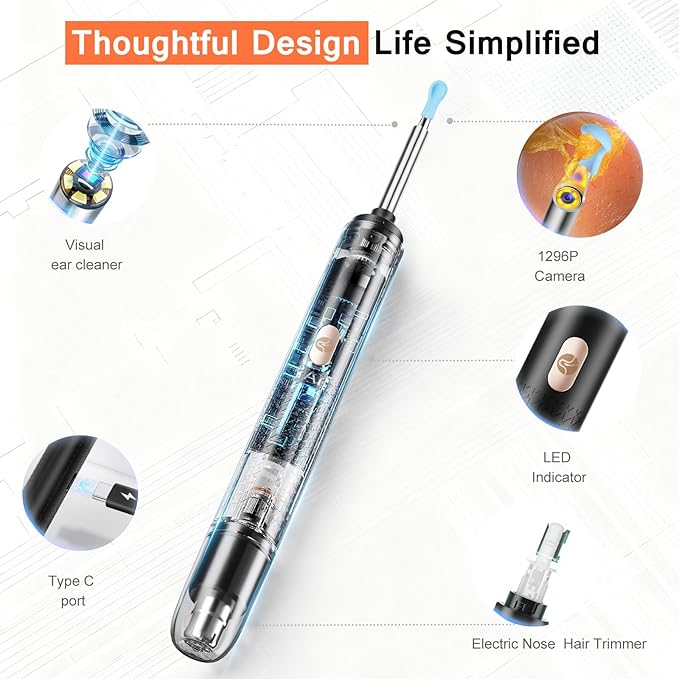 2-in-1 Visual Ear Wax Removal & Nose Hair Trimmer, 1296P HD Ear Cleaner with AI Eardrum Alert, Smart Anti-Pinch, 360° Rounded Blades, IP67 Waterproof, APP Visual Camera for Men, Women & Family Use