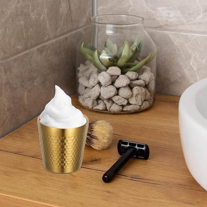 Stainless Steel Shaving Soap Bowl for Men 175ml Hammered Gold Shave Cup Sturdy Reusable Shaving Tool Suitable for Daily Grooming
