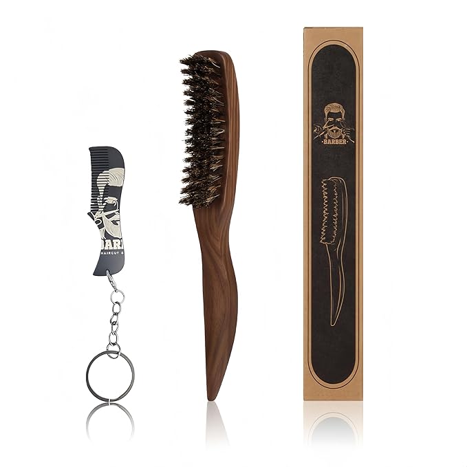 Men's Stiff Boar Bristle Beard and Hair Brush, Walnut Handle with Mini Metal Keychain Comb, Portable Grooming Duo for Travel Home Use