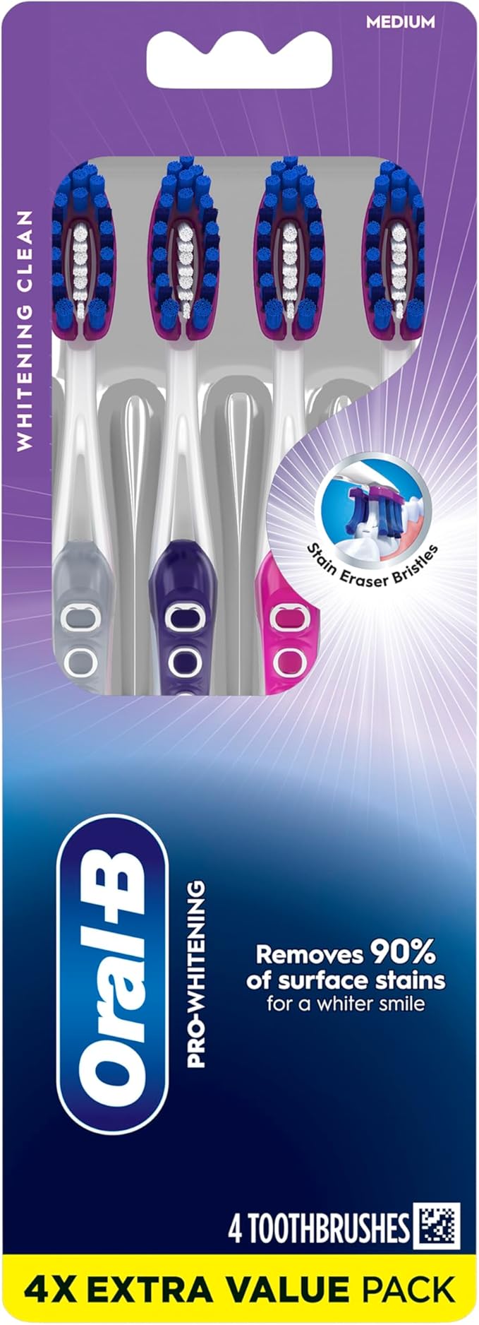 Oral-B 3D White Deep Stain Remover toothbrushes, 4 Count Toothbrush Medium, Removes 90% of Surface Stains, whitens Teeth, deep Reach, removes Plaque and Stains Tooth Brush