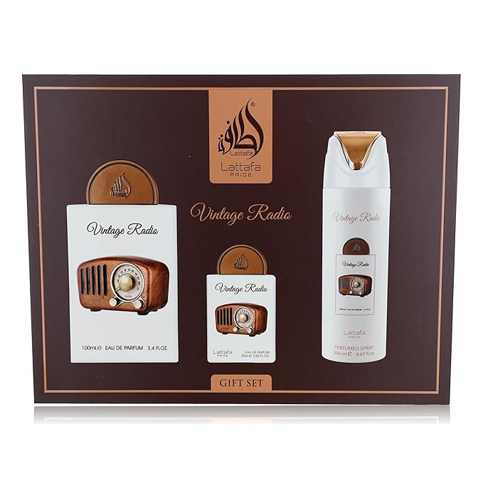 Lattafa Pride Vintage Radio 3-Piece Gift Sets – Long Lasting Arabian Perfume For Men – Eau De Parfum & Perfumed Spray – Perfume Men With Amber, Smoky Woods & Vanilla Notes - Premium Gift Box