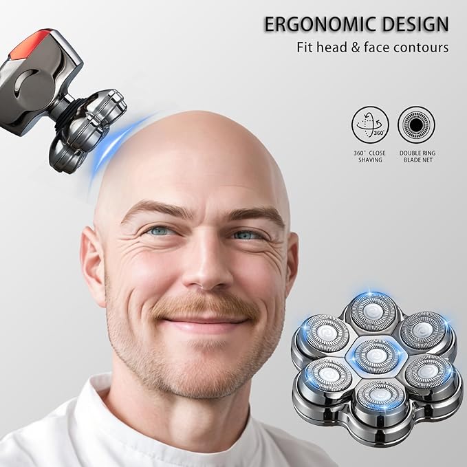 Magnetic Head Shaver Replacement Heads 7 Double Ring Waterproof Rotary Razor Blades for Bald Men Compatible with Freebird wyklaus shpavver (Silver)