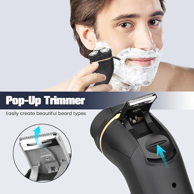 Electric Razor for Men, 3-Blade Cordless Rechargeable Rotary Shaver, IPX7 Waterproof Wet Dry Electric Shaver for Face, Beard Trimmer, Type-C Fast Charging & LED Display, Portable Travel Grooming Kit