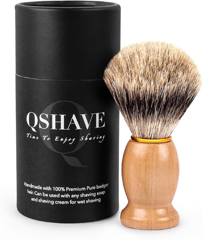 QSHAVE 100% Best Original Pure Badger Hair Shaving Brush Handmade. Real Wood Base. Perfect for Wet Shave, Safety Razor, Double Edge Razor
