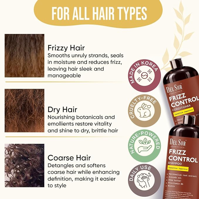 DEL SUR Frizz Control Shampoo and Conditioner Set | 16 fl oz Each | with Camellia Japonica, Shea Butter & Avocado Oil | Smoothing & Anti Frizz for Curly, Wavy & Straight Hair