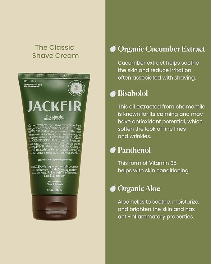 Jackfir The Classic Shave Cream, Smooth Natural Shaving Cream for Men, Hydrating Aloe & Cucumber Extract - Helps Calm Dry Irritated Skin, EWG Verified, Organic Ingredients, For All Skin Types, 5 Fl Oz