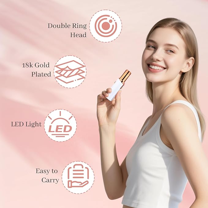 Facial Hair Remover for Women & Men, Rechargeable Face Razor with LED Light, 2 Replacement Heads Included, Travel Electric Shaver for Lip, Chin, Arms, Upper Lip & Peach Fuzz (White)