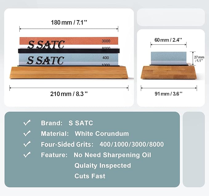 S SATC Knife Sharpening Stone Whetstone 4 Side Grit 400/1000 3000/8000 Stone Knife Sharpeners with Nonslip Rubber Bases, Wood Base, Flattening Stone, and Leather Strop