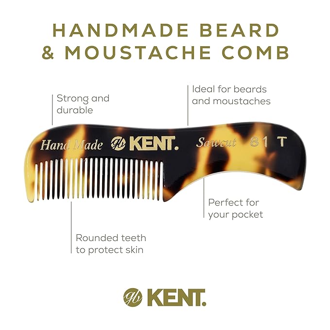 Kent A 81T TY X-Small Gentleman's Beard and Mustache Pocket Comb, Fine Toothed Pocket Size for Facial Hair Grooming and Styling. Saw-cut of Cellulose Acetate, Hand Polished. Hand-Made in England