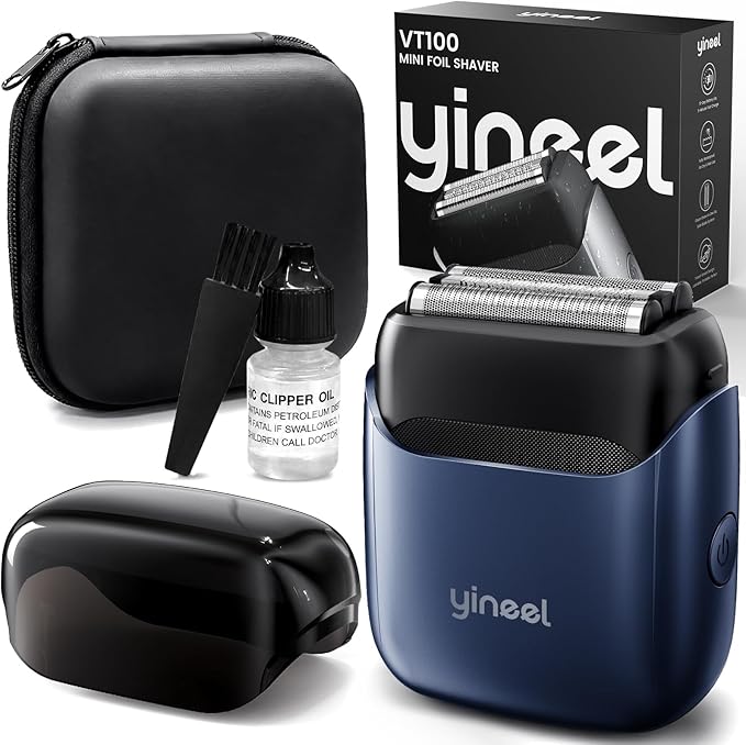 Yineel VT100 Electric Foil Shavers for Men, Pocket-Sized with Case, Mini Electric Razor for Close Face Shaver, 3 Floating Blades, IPX7 Waterproof & Travel-Friendly/Home Use, Gifts for Men, Blue