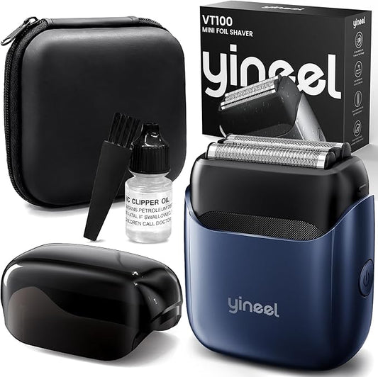 Yineel VT100 Electric Foil Shavers for Men, Pocket-Sized with Case, Mini Electric Razor for Close Face Shaver, 3 Floating Blades, IPX7 Waterproof & Travel-Friendly/Home Use, Gifts for Men, Blue