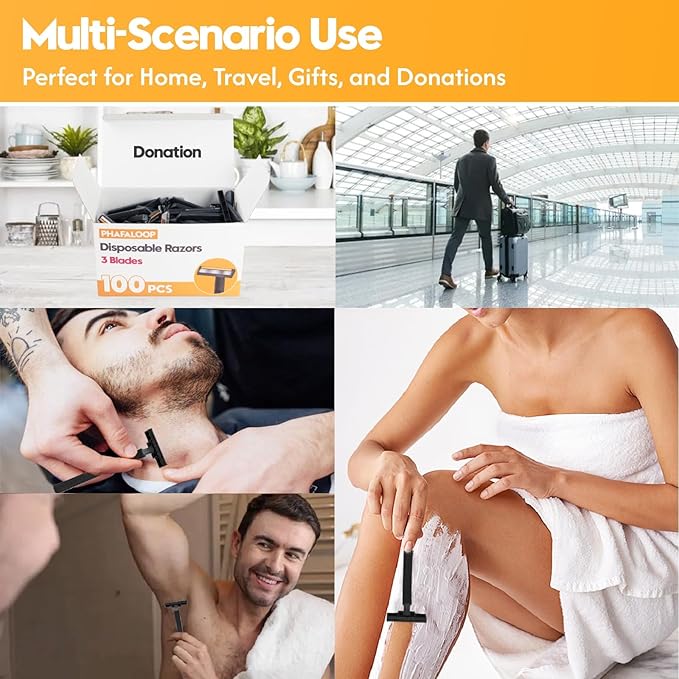 3-Blade Disposable Razors for Men & Women – 100 Pack Bulk Stainless Steel Shavers with Lubricating Strip & Safety Cap, Non-Slip Handle for Sensitive Skin, Travel, Hotel, Charity (Black)