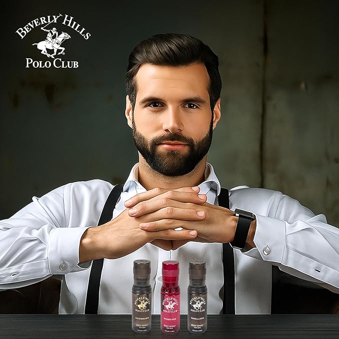 Beverly Hills Polo Club Mens Body Spray Gift Set - 3pc Collection of Oud Fragrances (Vanilla, Leather & Woody) in Sleek 3oz Bottles - Long-Lasting BHPC Cologne Body Sprays for Men