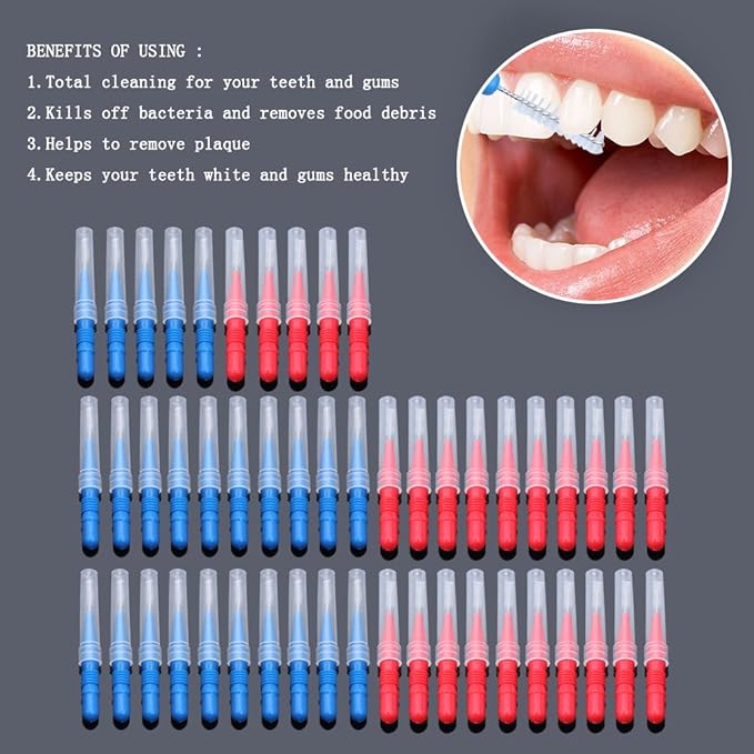ewinever 50 Count Interdental Brush,Toothpick Tooth Flossing Head Oral Dental Hygiene Brush, Tooth Cleaning Tool (Red+Blue)
