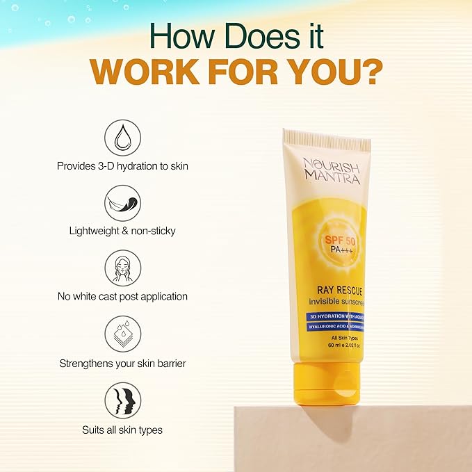 NOURISH MANTRA Ray Rescue Sunscreen/Sunscreen SPF 50/ With Hyaluronic Acid, Aquaxyl, Aloe Vera Extracts & Ashwagandha Extracts/No White Cast, (60 ml (Pack of 1))