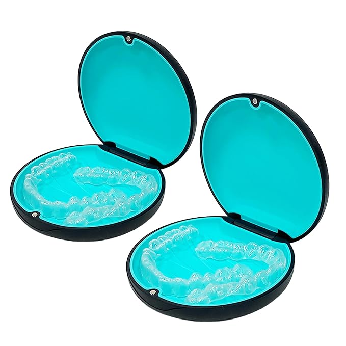 2PCS Retainer Case Compatible with Invisalign,Cute Slim Aligner Case,Customized Magnetic Closure Orthodontic Retainer Cases (2 Pack Black + Cyan Silicone)