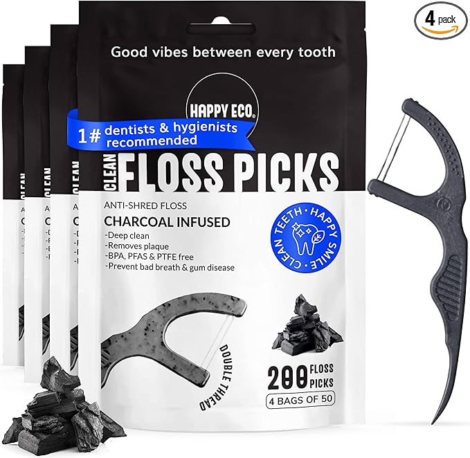 Dental Floss Picks for Teeth (200ct) - Double Thread Tooth Picks Flossers for Adults, Toothpicks Floss, Vegan Corn-Straw Handle, Shred-Resistant String for Interdental Oral Care & Gum Health, Charcoal