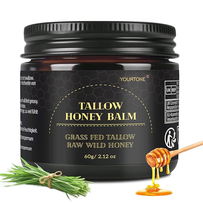 Beef Tallow for Skin, Tallow and Honey Balm for Face, Organic Grass-fed Beef Tallow Face Moisturizer for Deep Nourish and Soothe Dry Skin (2.12oz/60g)