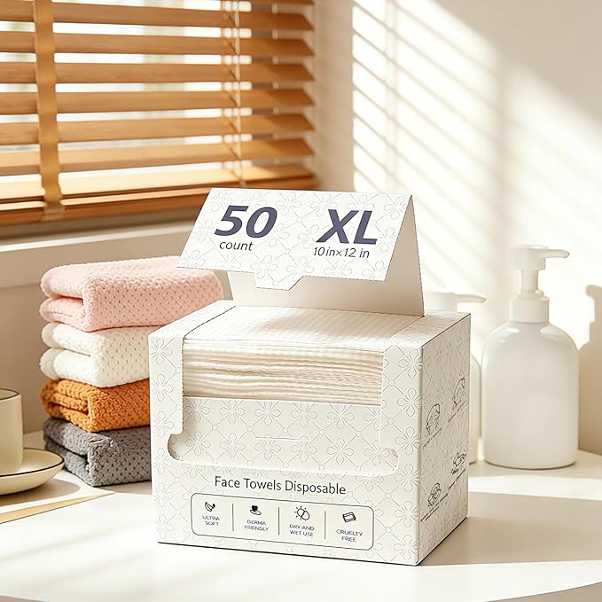Disposable Face Towels XL, 10"x12" Ultra Soft & Thick Dry Wipes, Makeup Remover & Facial Cleansing Towels for Sensitive Skin, 50 Count, 2 Pack