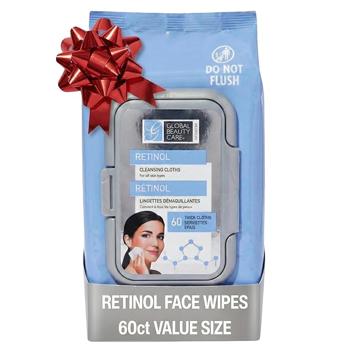 Global Beauty Care Retinol Makeup Remover Wipes - Gentle Daily Facial Cleansing Wipes for Sensitive Skin, Anti-Aging, Hydrating & Renewing For Radiant Smooth Skin, Travel-Friendly, 60 Count (1-Pack)