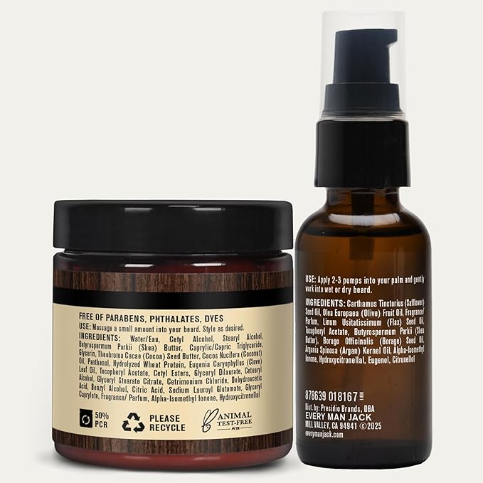 Every Man Jack Beard Oil & Scruff Softening Butter Bundle - Vanilla + Cedar Scent - Rejuvenates, Hydrates & Styles Dry Beards - Naturally Derived with Cocoa Butter and Shea Butter