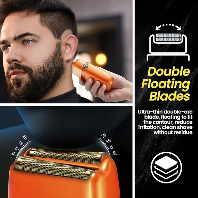 Electric Foil Shavers for Men, 3 Speed Electric Razor for Men, High Speed Dual Floating Blades, IPX7 Waterproof Wet & Dry, LED Display, USB Type C Charging, Foil Razor for Face/Beard/Head (Orange)