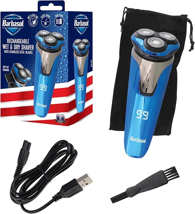 Rechargeable Electric Wet and Dry Rotary Shaver with Stainless Steel Blades, Pop Up Trimmer and LCD Screen