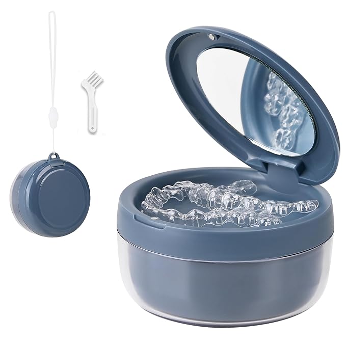 Denture Case, 2-in-1 Retainer Cleaner Case with Mirror & Strainer, Portable Aligner Bath Soaking Cup for Travel, Cute Orthodontic Storage Box for Mouth Guard, Night Guard & False Teeth, Blue