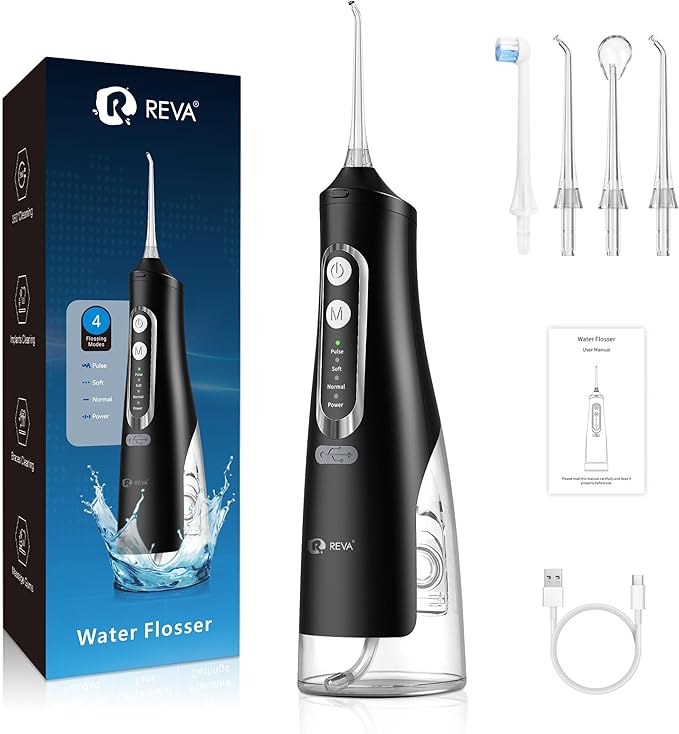 Cordless Dental Water Flosser for Teeth, Gums & Braces - Electric Oral Irrigator 310ML, 4 Modes, Rechargeable, 4 Jet Tips, Smart Memory, 360° Nozzle, IPX7 Waterproof & Low Noise (M209 - Black)