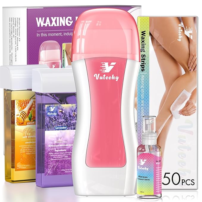 Roll on Wax Kit, Rolling Wax Hair Removal Kit for Women Men, Waxing Kit for Hair Removal, Roller Waxing Kit for All Skin Types, with Lavender and Honey Cartridges and 50 Pcs Strips