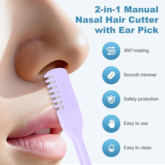 5PCS 2-in-1 Nasal Hair Cutter, Manual Nose Hair Trimmer Cutter with Ear Pick for Women & Men 360°Rotating Nose Hair Remover Grooming Tool Knife Razor Portable Nostril hair Trimmer Clipper (Purple)