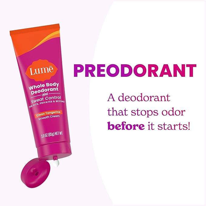 Lume Whole Body Deodorant Plus Sweat Control - Smooth Cream Tube - 72 Hour Odor And Sweat Control - Baking Soda Free, Skin Loving - 3.0 ounce (Pack of 2) (Clean Tangerine)