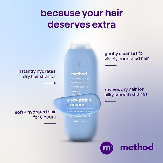 Method Moisturizing Shampoo, Simply Nourish - Hydrates and Revives Dry Hair, Safe for Color-Treated Hair – Sulfate Free and Cruelty Free - 14 oz, Pack of 3