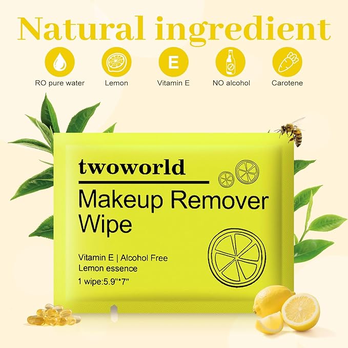 Makeup Remover Wipes Bulk Individually Wrapped,Travel Makeup Wipes Gentle for Face Cleansing Mascara Lipstick Travel Hotel（lemon,pack of 50)