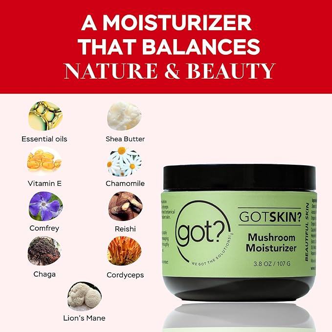 Got? Mushroom Face Moisturizer with Reishi, Chaga, Cordyceps & Lion’s Mane, Shea Butter + Vitamin E, Fast Absorbing Cream for Men & Women, 3.8 oz