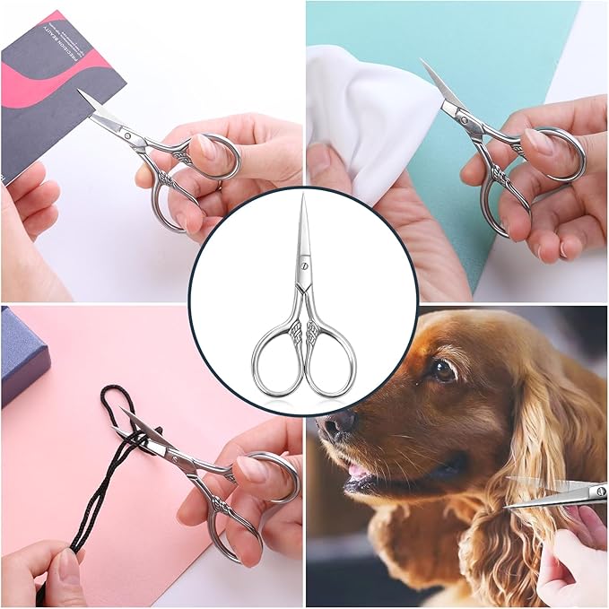 Small Facial Hair Scissors, Stainless steel (silver) Straight Tip Snips Beauty Grooming Kit for Eyebrows, Beard, Ear, Nose, Moustache Trimming with PU Case