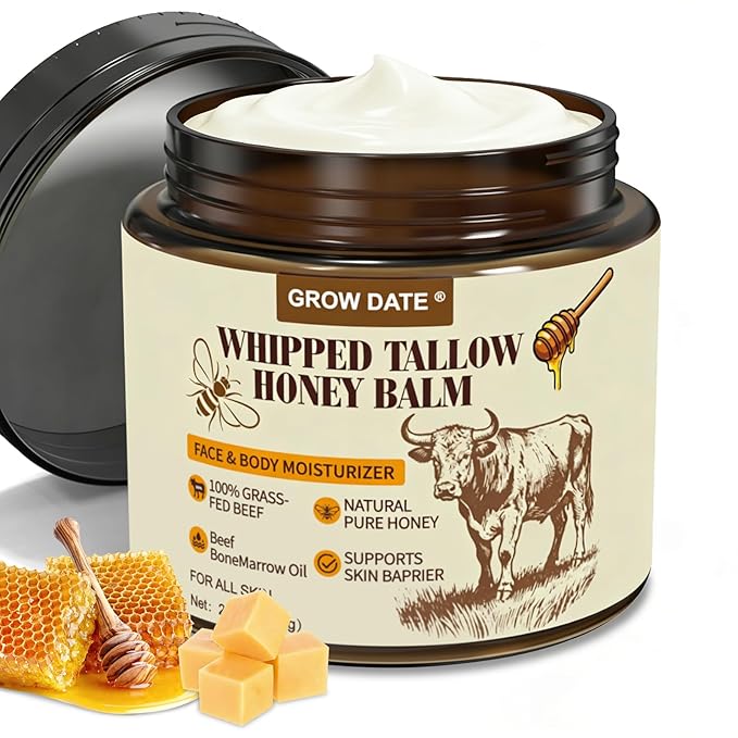 Beef Tallow for Skin - Organic Tallow and Honey Balm for Face - Whipped 100% Grass-Fed Beef Tallow & & Raw Honey, Body Deeply Nourishing for Women & Men, Suitable for All Skin Type - Unscented 2.1 OZ