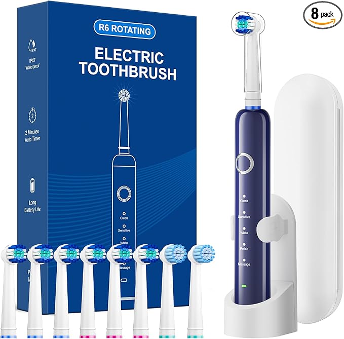 Rotating Electric Toothbrush for Adults, 8 Brush Heads (2 Types) & Travel Case, 5 Cleaning Modes Rechargeable Power Toothbrush with 2-Minute Smart Timer, Blue
